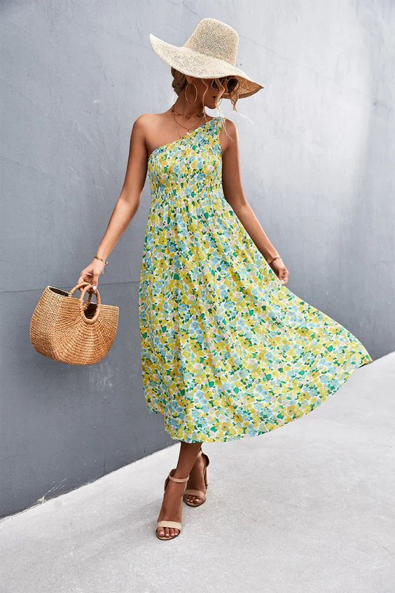 yellow one-shoulder floral midi dress is perfect for a lively tea party